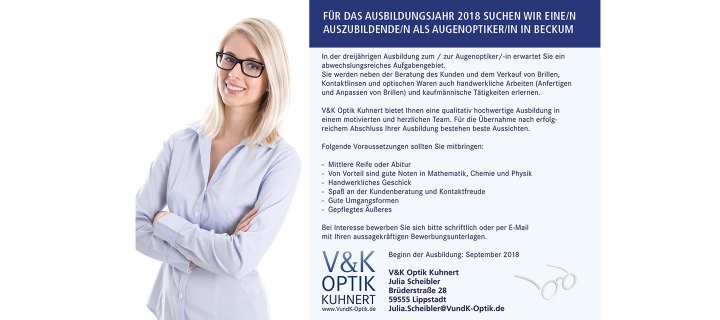 V&K Optik Kuhnert sucht Auszubildende/n als Augenoptiker/in